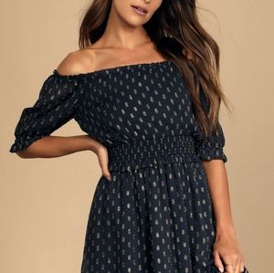 LuLu's Touch of Glam Navy Blue Dotted Off-the-Shoulder Mini Dress